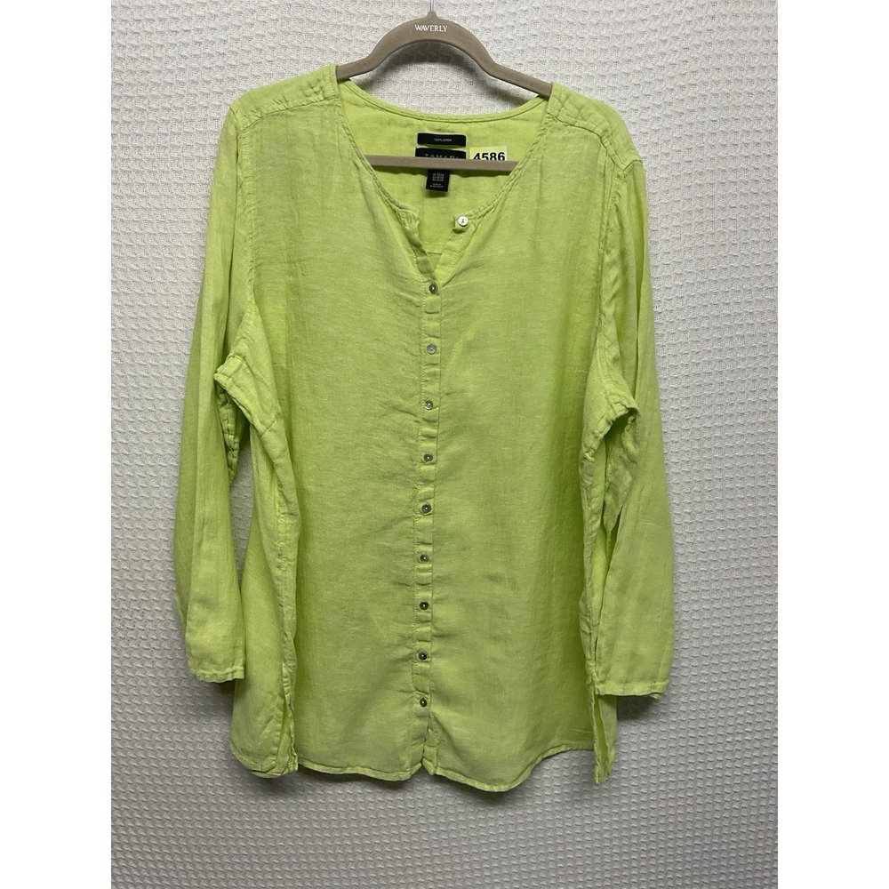 Tahari Women 2X Yellowish Green Linen Blouse Top Shirt Tunic Button Down Worn1